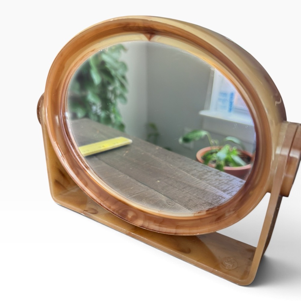 Vintage MCM Butterscotch Plastic Swivel Vanity Mirror Oval Retro Tilting Mirror